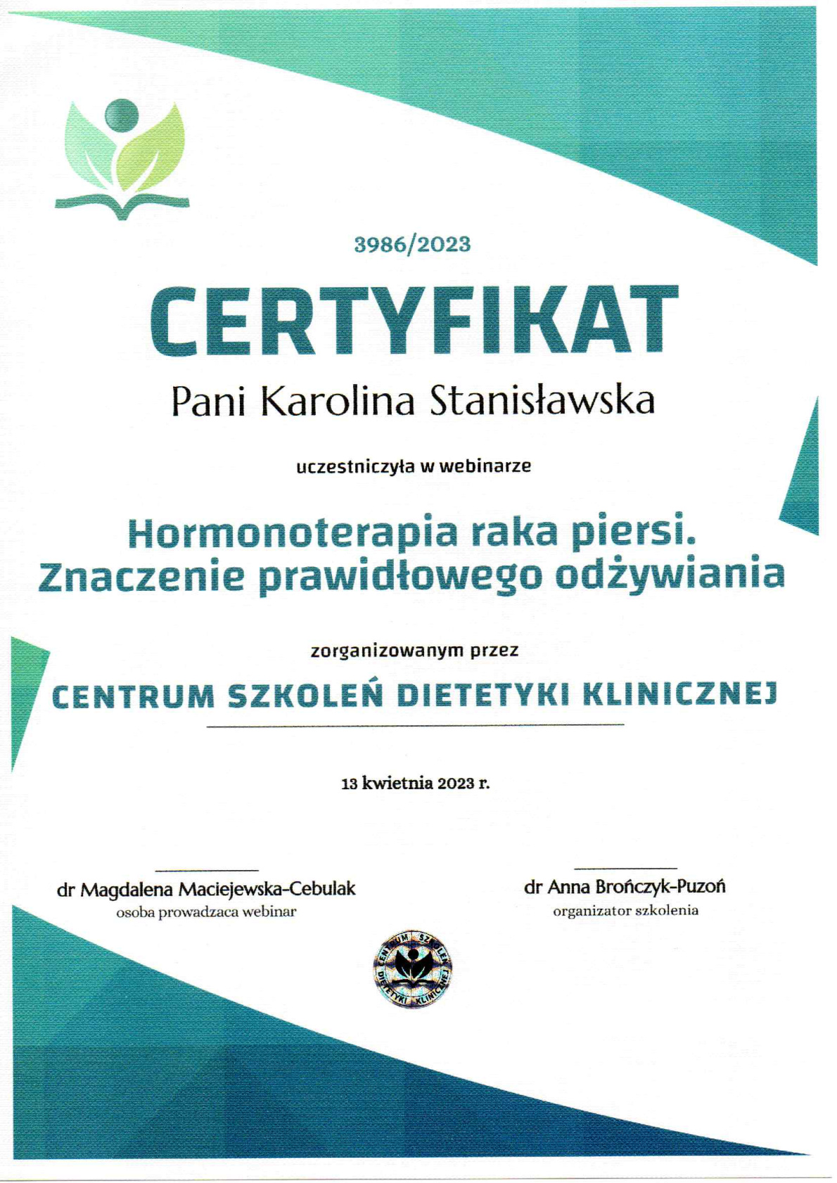 Certyfikat webinaru Hormonoterapia raka piersi, 2023