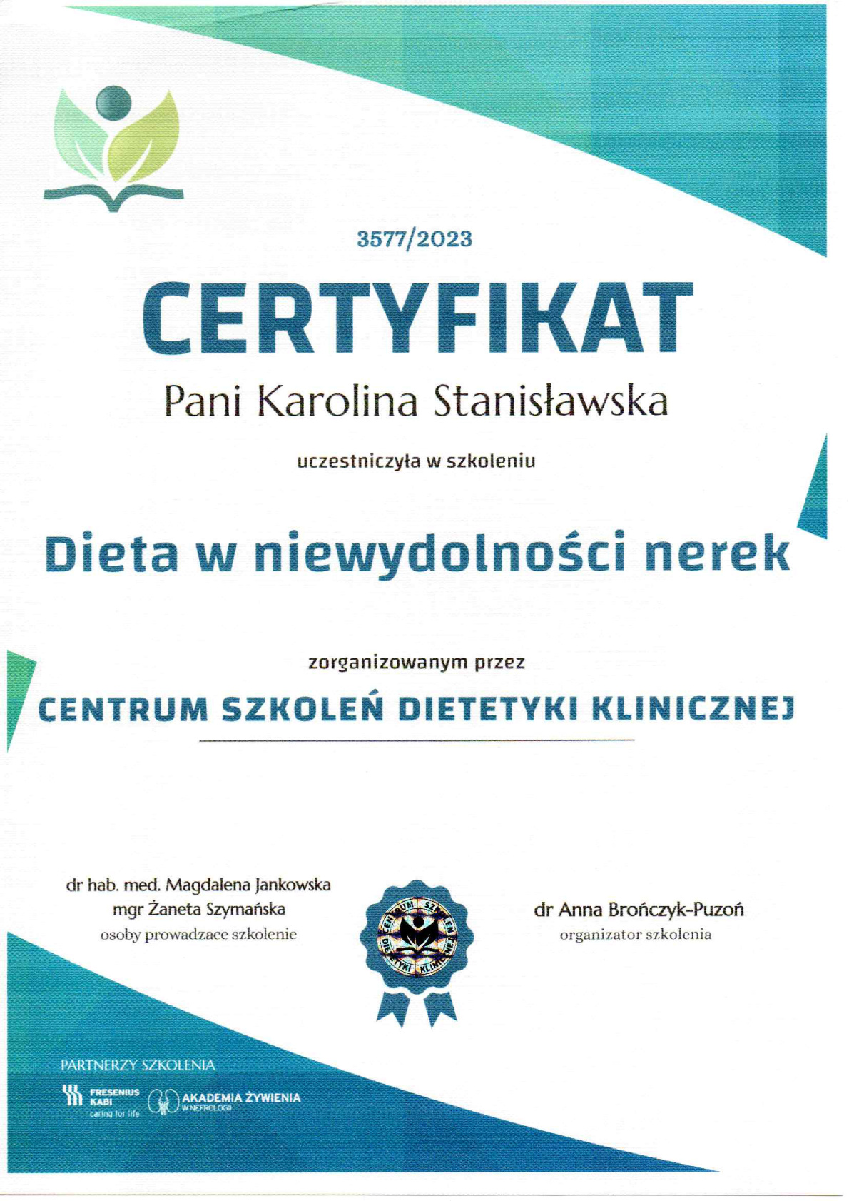 Certyfikat Dieta w niewydolnosci nerek, 2023