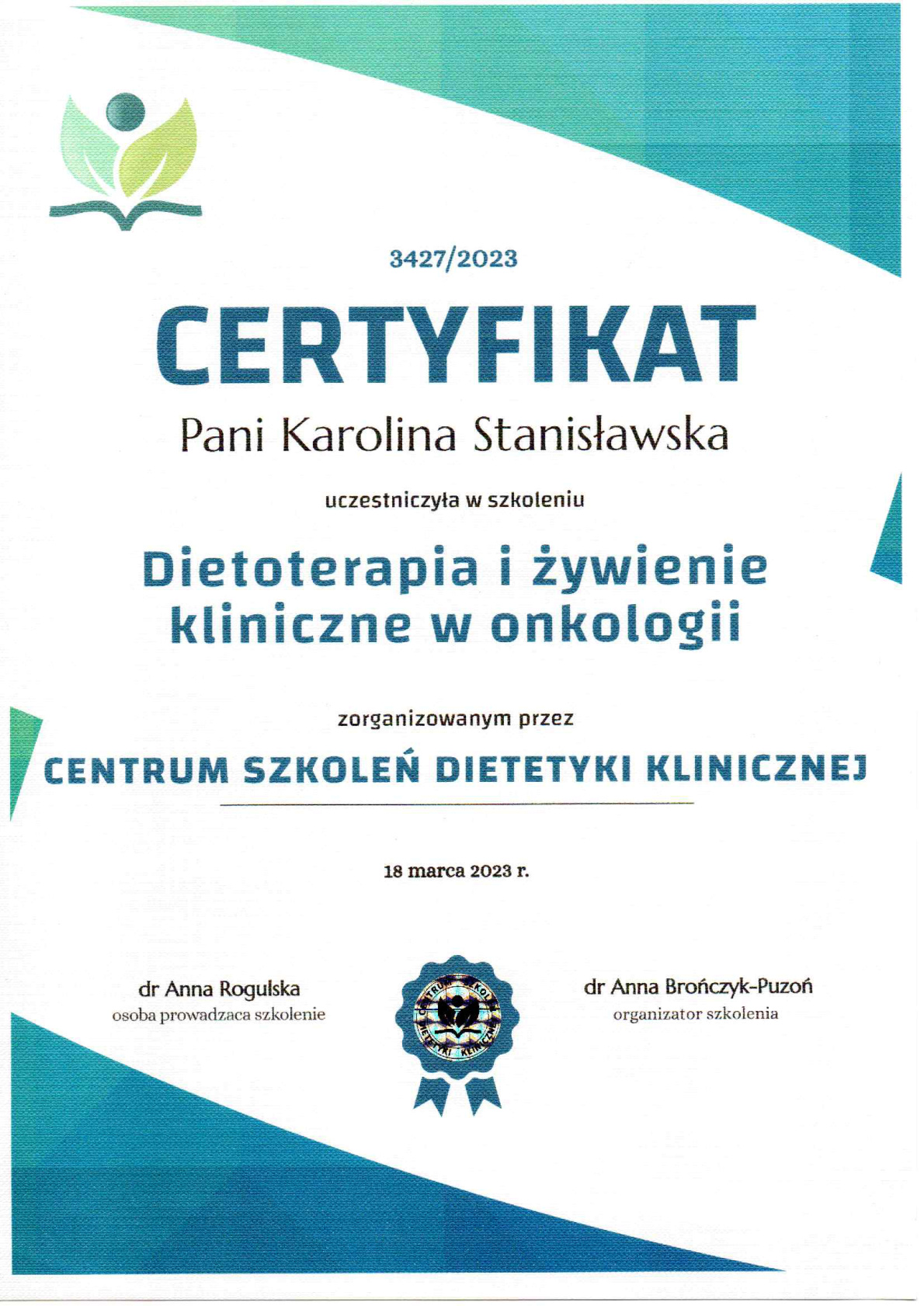 Certyfikat Dietoterapia i zywienie kliniczne w onkologii, 2023
