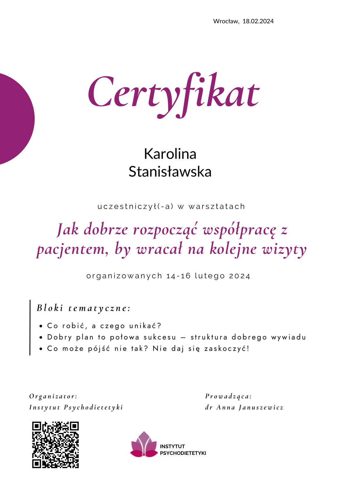 Certyfikat warsztatow Jak dobrze rozpoczac wspolprace z pacjentem, 2024