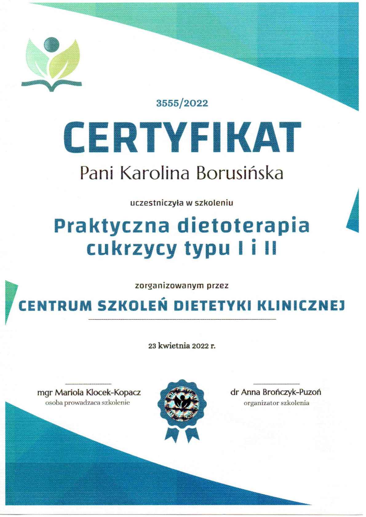 Certyfikat Praktyczna dietoterapia cukrzycy typu I i II, 2022
