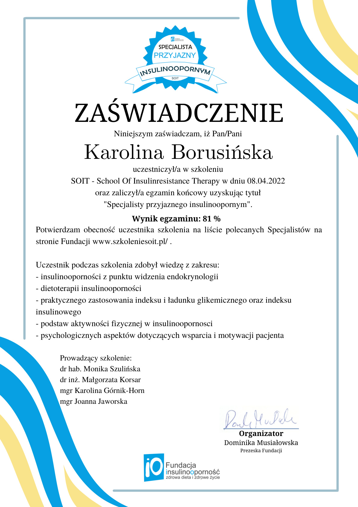 Zaswiadczenie Specjalista przyjazny insulinoopornym, SOIT, 2022