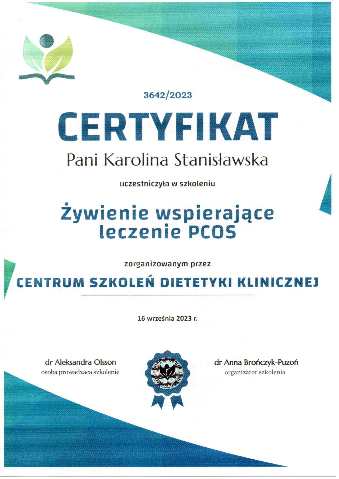 Certyfikat Zywienie wspierajace leczenie PCOS, 2023