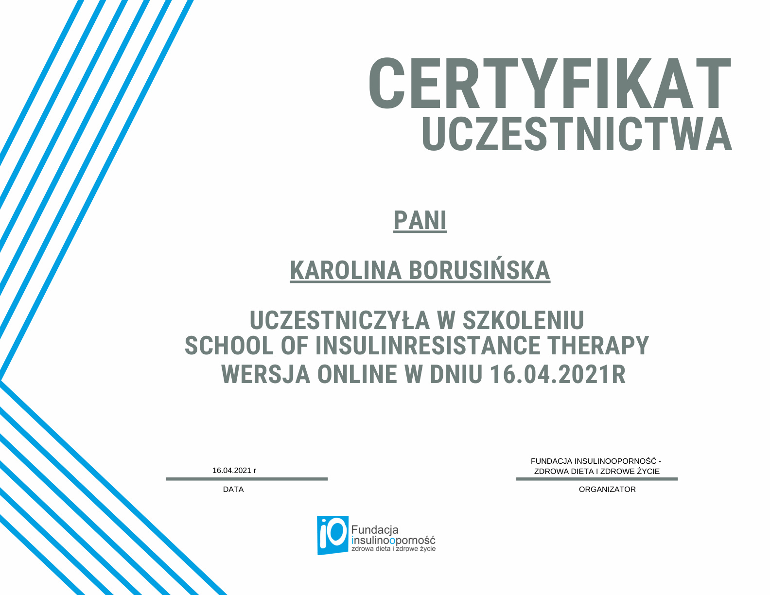 Certyfikat uczestnictwa w szkoleniu SOIT, 2021